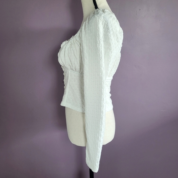 Free People Lady Bug Pointelle Long Sleeve Smocked Sweetheart Milkmaid Crop Top - Picture 8 of 16